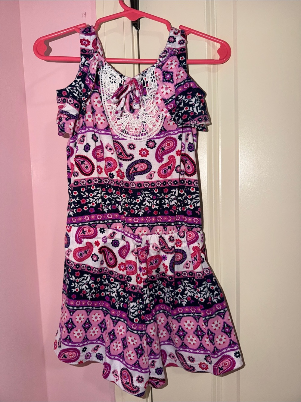 Nannette Pink Purple Paisley Cold-Shoulder Romper